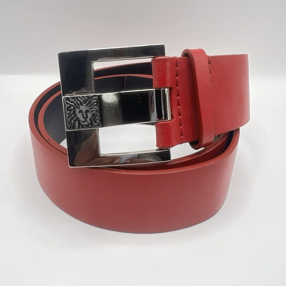 Ann Klein Leather 1.5 Inches Wide Fashion Belt Large Red‎ Big Buckle Silver Tone